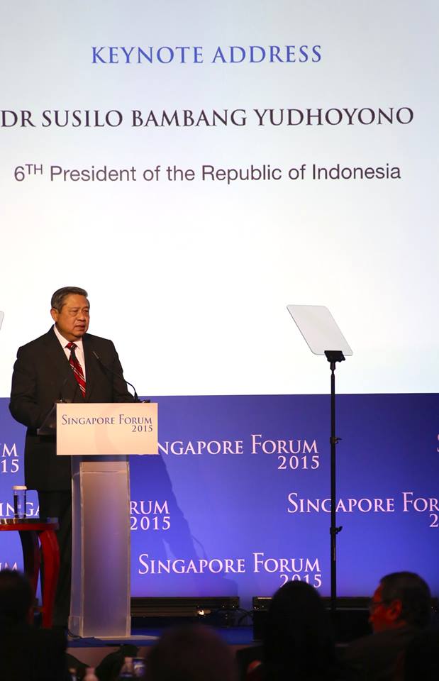 SBY memberikan keynote addres dalam Singapore Forum 2015. (Foto: Susilo Bambang Yudhoyono) SBY memberikan keynote addres dalam Singapore Forum 2015. (Foto: Susilo Bambang Yudhoyono)