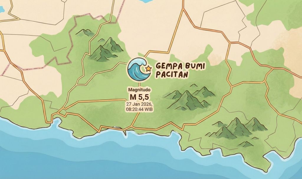 Ilustrasi peta lokasi pusat gempa bumi tektonik berkekuatan Magnitudo 5,5 yang mengguncang Pacitan, Jawa Timur, pada Selasa pagi, 27 Januari 2026, pukul 08:20 WIB.