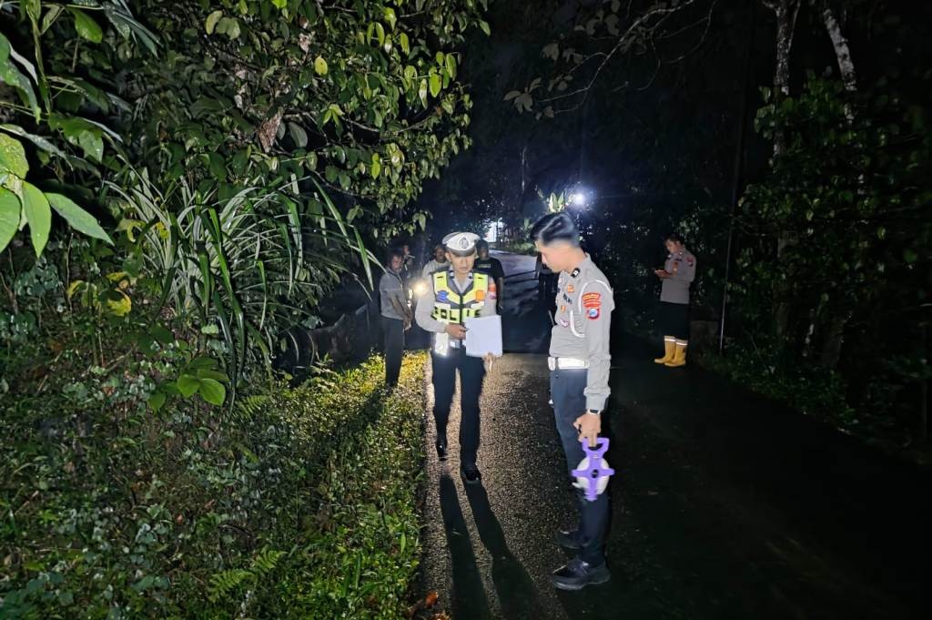 Sejumlah petugas kepolisian berseragam lengkap sedang melakukan olah Tempat Kejadian Perkara (TKP) kecelakaan lalu lintas pada malam hari di jalan raya beraspal yang sempit dan dikelilingi pepohonan rimbun di Pacitan. Seorang petugas tampak memegang alat ukur roda berjalan.