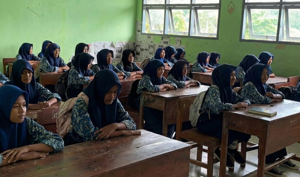 Sejumlah siswi SMPN 4 Nawangan berjilbab biru dan berseragam batik duduk tertib di bangku kayu di dalam kelas saat mengikuti program Sekolah Sak Ngajine.
