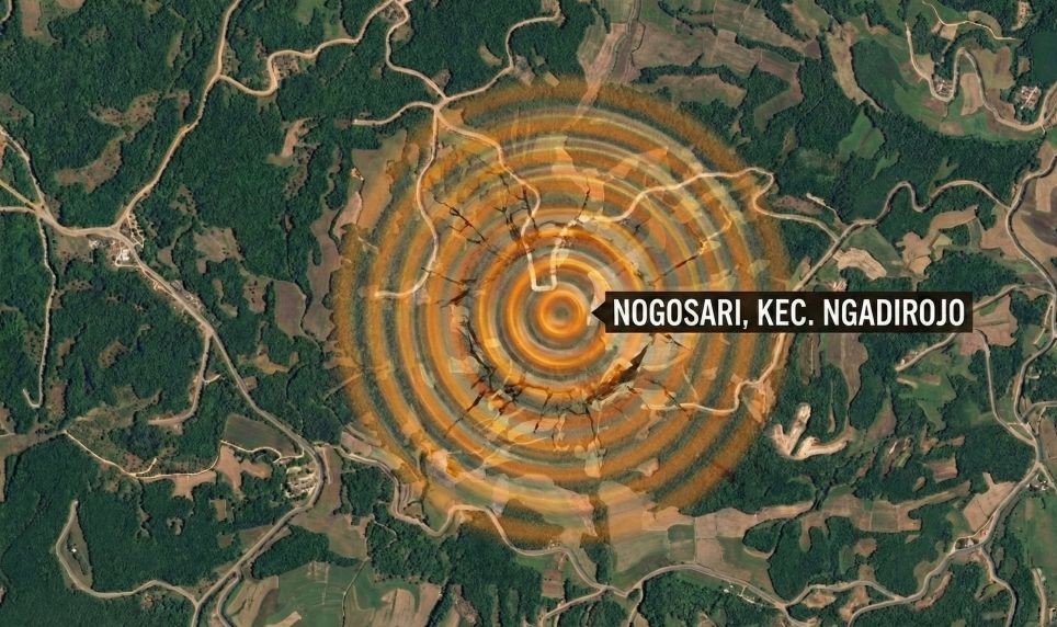 Visualisasi ilustrasi peta satelit titik pusat gempa Pacitan M 5,7 di Desa Nogosari, Kecamatan Ngadirojo, Selasa 27 Januari 2026.