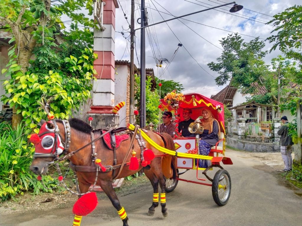 Sebuah dokar (kereta kuda) berhias kain merah dan kuning ditarik oleh seekor kuda cokelat yang juga dihias. Dokar tersebut membawa tiga penumpang yang mengenakan pakaian tradisional Jawa, melaju di jalan desa beraspal dengan latar belakang rumah dan pepohonan.