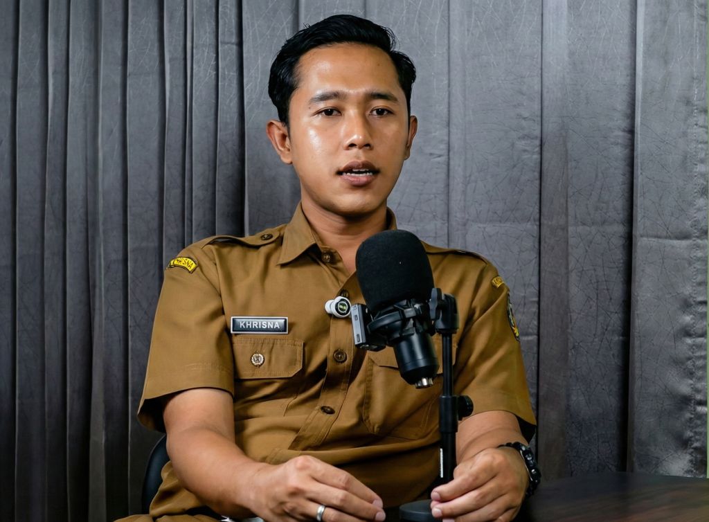 Khrisna Adi Pradana, seorang guru dan kreator konten edukasi asal Pacitan, mengenakan seragam dinas khaki (ASN) dan duduk di depan mikrofon saat menjadi narasumber dalam siniar (podcast) Kertas Kosong.