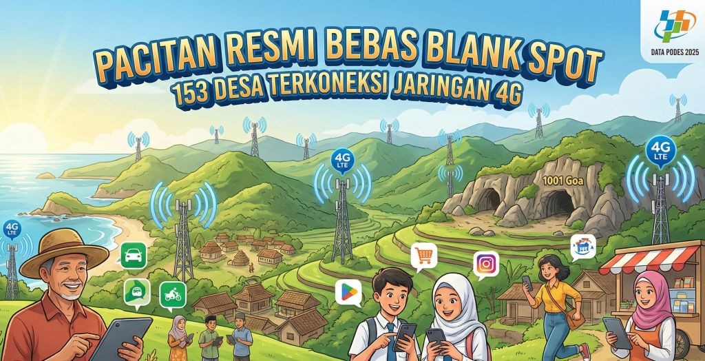 Ilustrasi kartun lanskap Pacitan dengan pantai, sawah, dan gua, dipenuhi menara sinyal 4G. Penduduk desa, petani, dan pelajar terlihat gembira menggunakan smartphone dan tablet. Teks besar di atas bertuliskan "PACITAN RESMI BEBAS BLANK SPOT 153 DESA TERKONEKSI JARINGAN 4G".