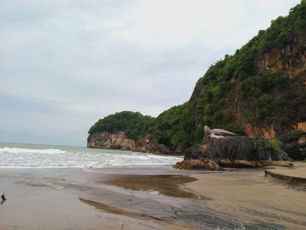Pemandangan pesisir Pantai Taman Pacitan yang sepi pengunjung di Desa Hadiwarno.