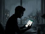 Ilustrasi seorang guru pria berpakaian dinas sedang duduk mengetik pesan di aplikasi WhatsApp melalui smartphone, merepresentasikan tindakan oknum guru di Pacitan yang mengirim chat mesum.