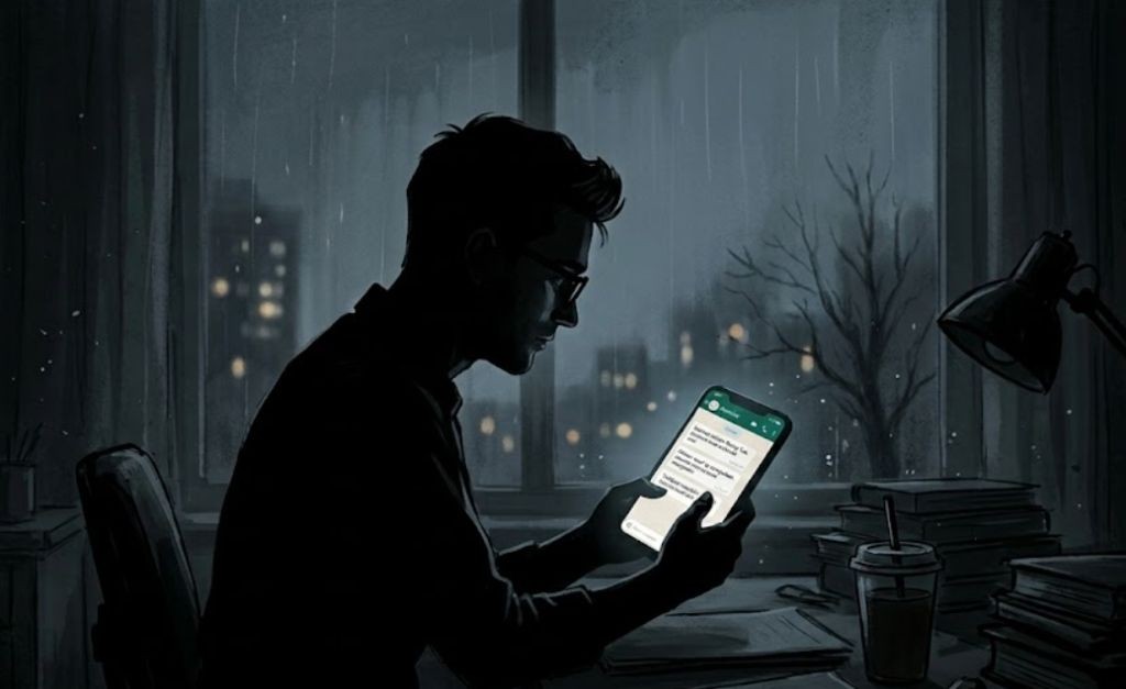 Ilustrasi Guru Kirim Chat WhatsApp Ilustrasi seorang guru pria berpakaian dinas sedang duduk mengetik pesan di aplikasi WhatsApp melalui smartphone, merepresentasikan tindakan oknum guru di Pacitan yang mengirim chat mesum.