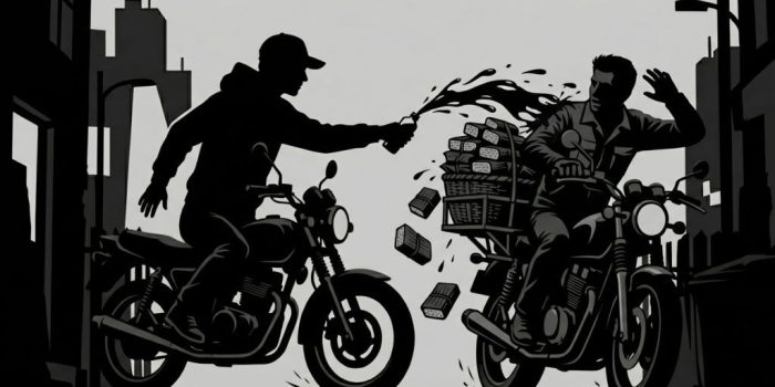 Ilustrasi tindak kejahatan penyiraman air keras di jalanan sepi oleh orang tak dikenal.