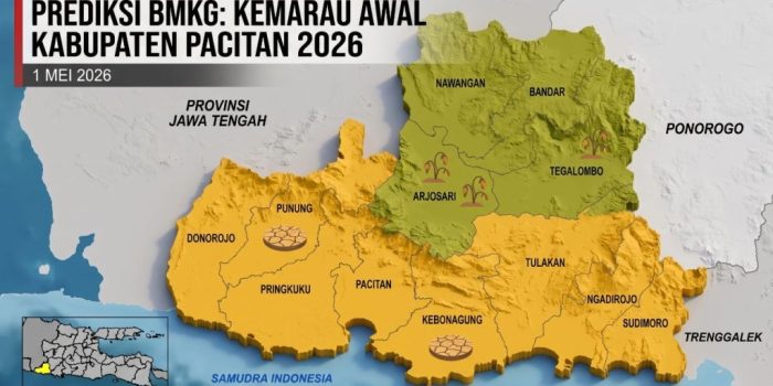 Peta infografis prediksi awal musim kemarau dan zona rawan kekeringan di Kabupaten Pacitan akibat ancaman Godzilla El Nino.