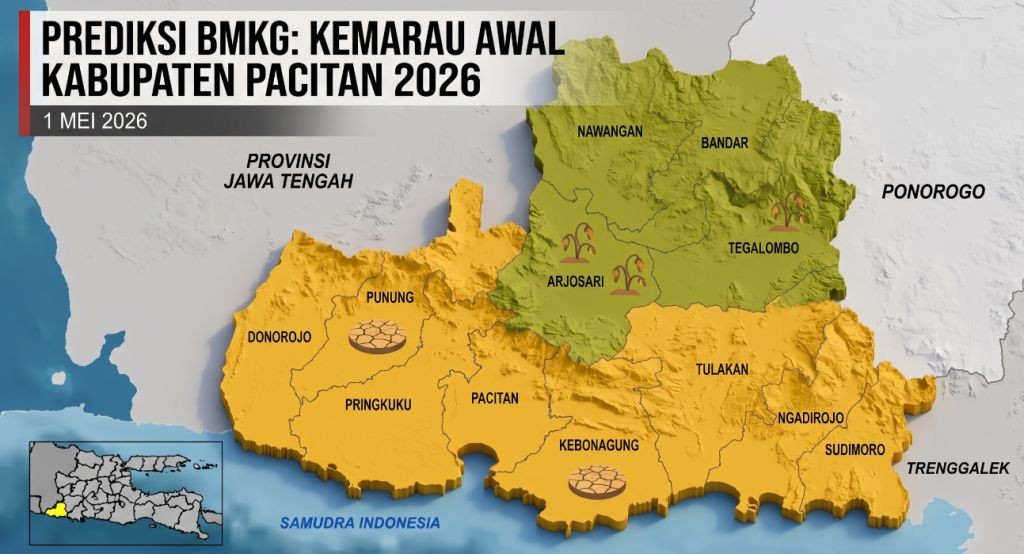 Peta infografis prediksi awal musim kemarau dan zona rawan kekeringan di Kabupaten Pacitan akibat ancaman Godzilla El Nino.