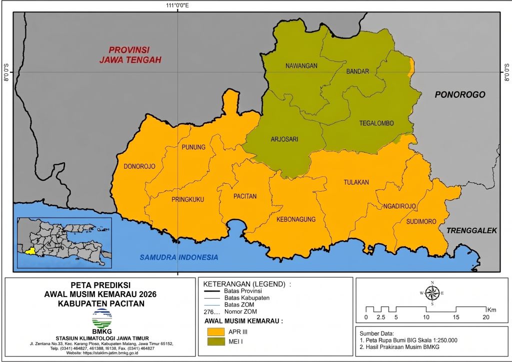 Peta infografis prediksi awal musim kemarau dan zona rawan kekeringan di Kabupaten Pacitan akibat ancaman Godzilla El Nino.