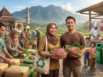 Panitia kurban di Pacitan sedang memasukkan dan membungkus daging kurban menggunakan wadah besek anyaman bambu beralaskan daun jati.