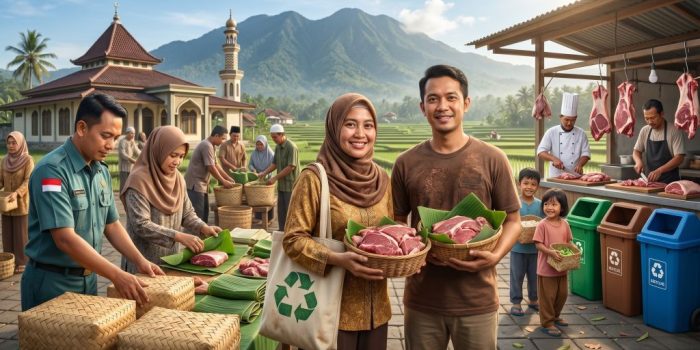 Distribusi Daging Kurban Pakai Besek di Pacitan 2026 Panitia kurban di Pacitan sedang memasukkan dan membungkus daging kurban menggunakan wadah besek anyaman bambu beralaskan daun jati.
