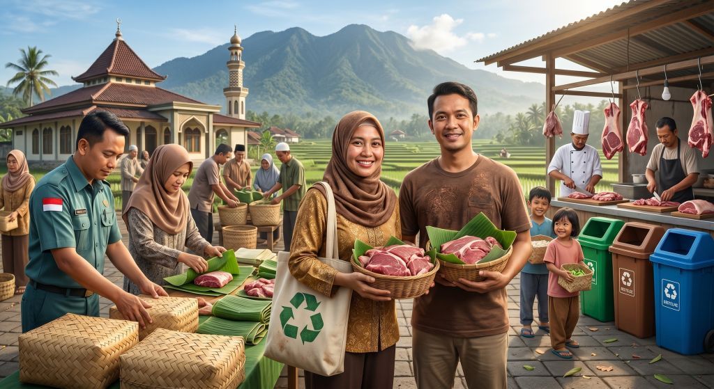 Panitia kurban di Pacitan sedang memasukkan dan membungkus daging kurban menggunakan wadah besek anyaman bambu beralaskan daun jati.
