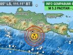 Peta lokasi episenter gempa bumi M 5,3 dan titik-titik gempa susulan di wilayah Tenggara Pacitan.