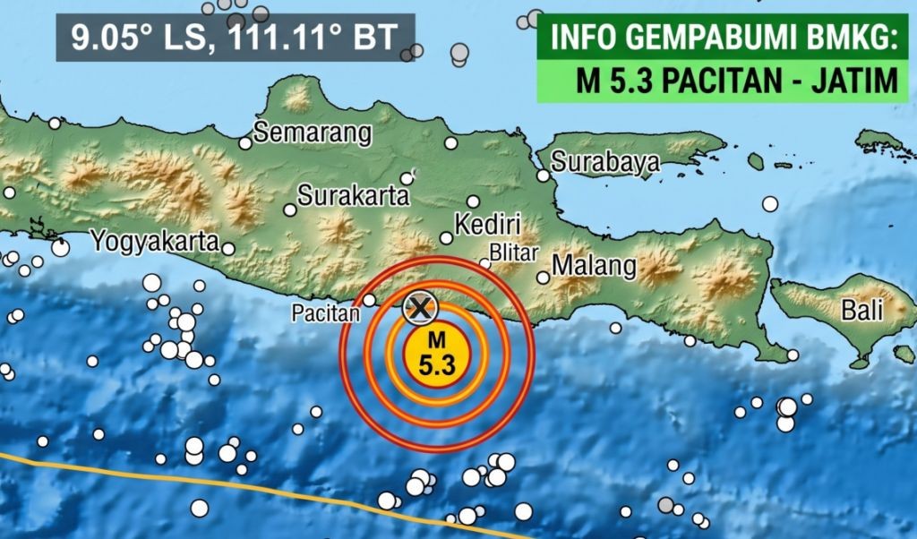 Peta lokasi episenter gempa bumi M 5,3 dan titik-titik gempa susulan di wilayah Tenggara Pacitan.
