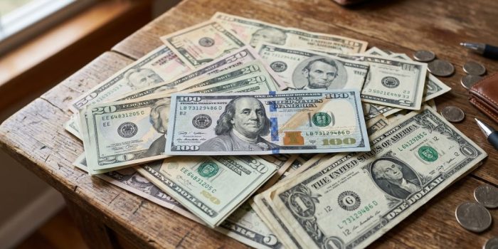 Ilustrasi pergerakan grafik melemahnya mata uang rupiah terhadap lembaran uang dolar Amerika Serikat.