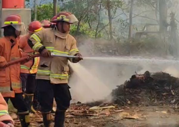 Petugas Damkar Pacitan memadamkan kebakaran tumpukan limbah kayu lapis di CV Sengon Indah Kebonagung.