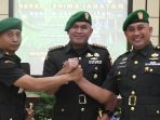 Salam komando Letkol Arh Imam Musahirul dan Letkol Arh Rudi Arianto dalam acara pisah sambut Dandim 0801 Pacitan.