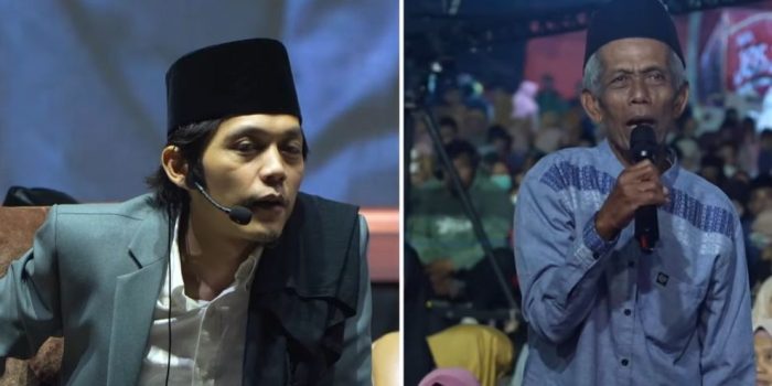 Gus Iqdam berdialog dengan Mbah Rokani dalam pengajian akbar peresmian YPI Nurul Azhar Pacitan.