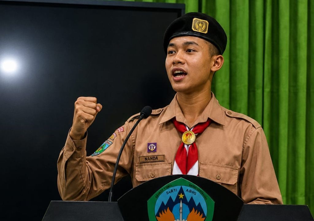 Nanda Marta Wilutama siswa SMKN 1 Pacitan menyampaikan gagasan ekonomi rakyat di Lomba Pidato AHY Muda.