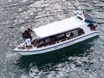 Pemandangan udara (drone) sudut tinggi kapal wisata The Tamperan Cruise berwarna putih sedang meluncur di perairan Teluk Pacitan dengan latar belakang tebing karang dan pantai.