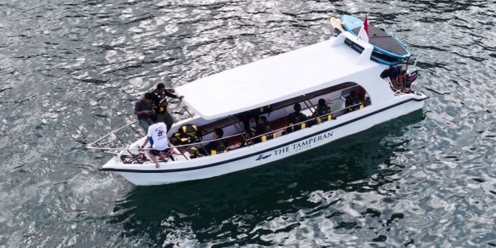 Pemandangan udara (drone) sudut tinggi kapal wisata The Tamperan Cruise berwarna putih sedang meluncur di perairan Teluk Pacitan dengan latar belakang tebing karang dan pantai.