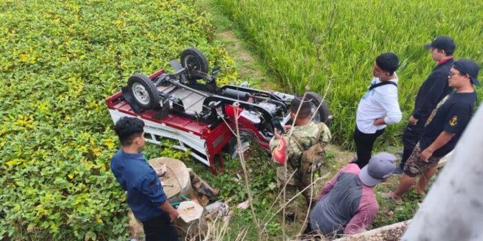 Petugas TNI bersama warga meninjau kendaraan roda tiga warna merah-putih milik Koperasi Desa Merah Putih (KDMP) yang terbalik dengan roda menghadap ke atas di area persawahan tepi JLS Pacitan.