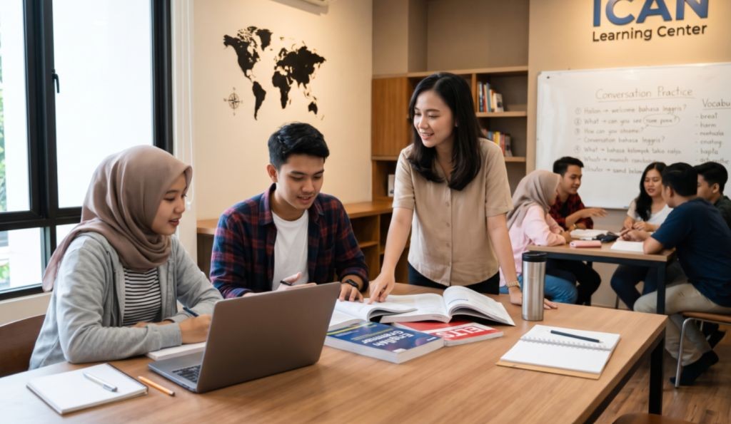 Kursus Bahasa Inggris di ICAN Learning Center Suasana belajar dan kursus bahasa Inggris bersama pengajar profesional di ICAN Learning Center.